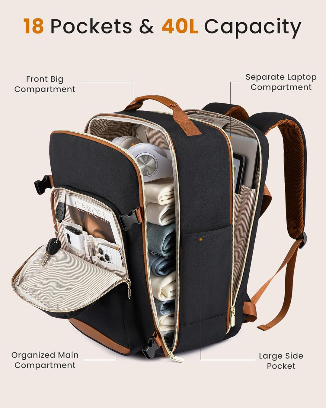 LOVEVOOK Mochila de viaje de mano, Cálido Beige-crema-moca Marrón,...