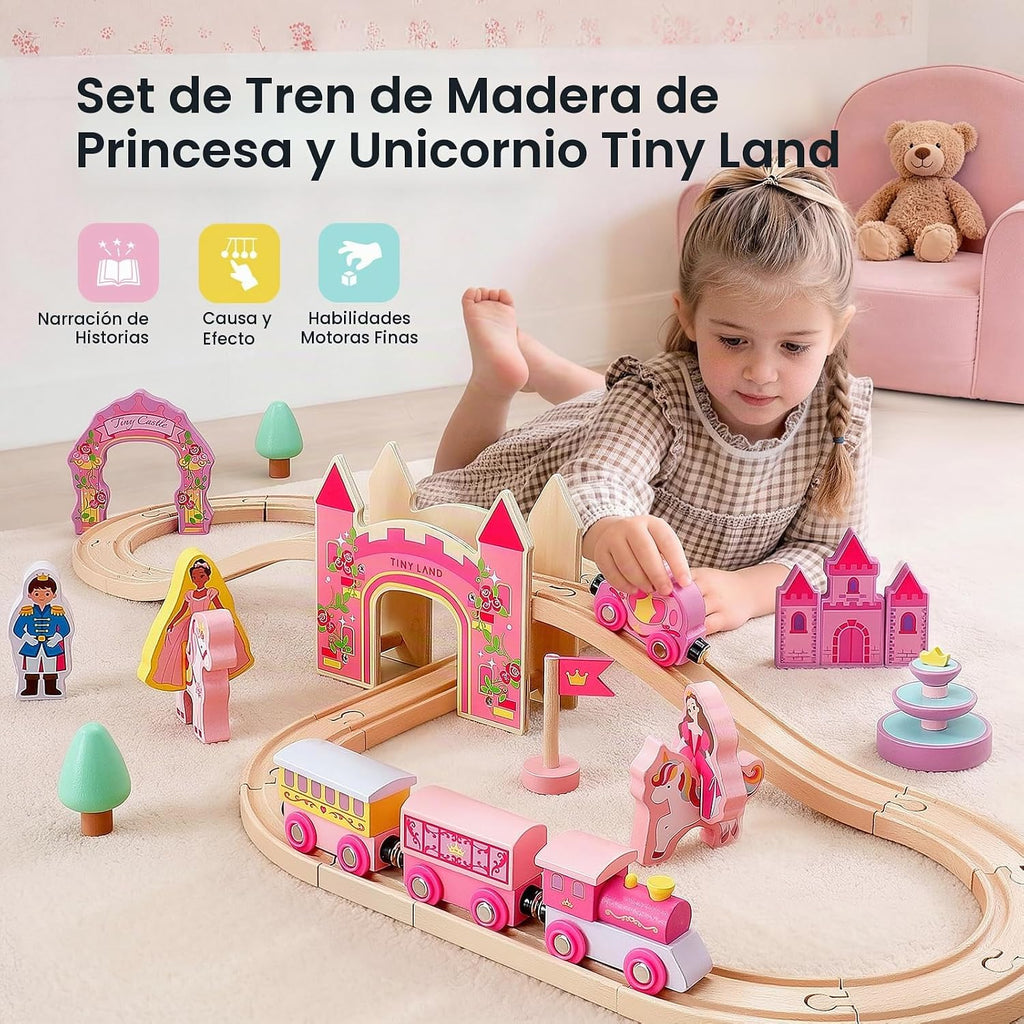 Tiny Land Juego de tren de madera para niñas, juego de tren de princesa
