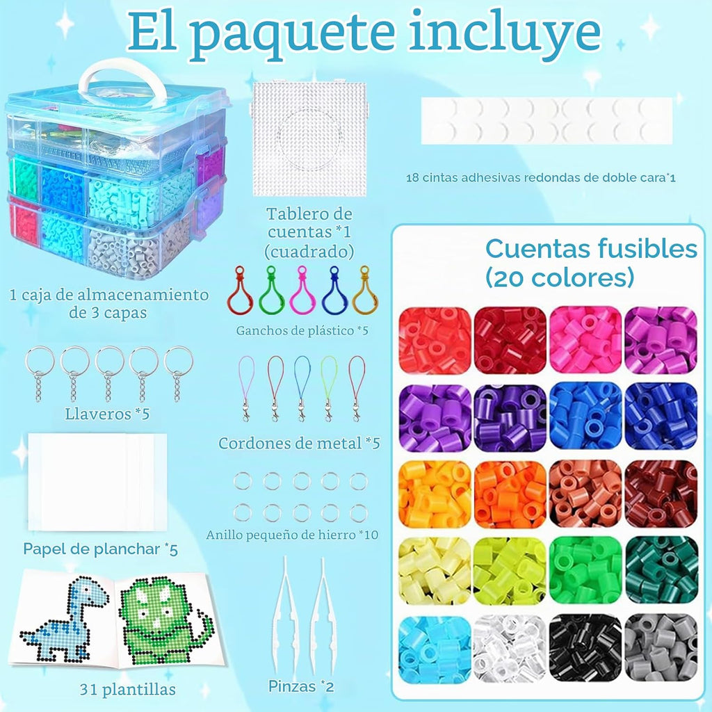 Kit de 11000 cuentas de planchar para niños - Juego de cuentas de 5 mm con 20 colores, juego de manualidades con caja de almacenamiento, tablero de clavijas, papel de planchado y accesorios, juegos de