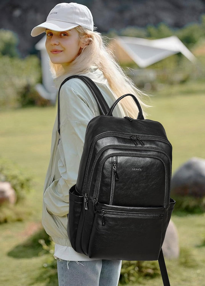 Shrrie Mochila de cuero para computadora portátil para mujer, 17 pu...