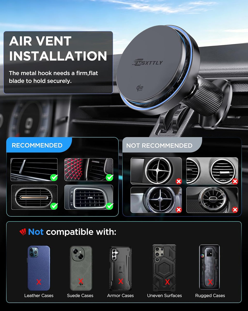 MSXTTLY Qi2.2 25W Certificado para Mag Safe Cargador de Coche Montado en Soporte, Cargador para Ventilación del Coche