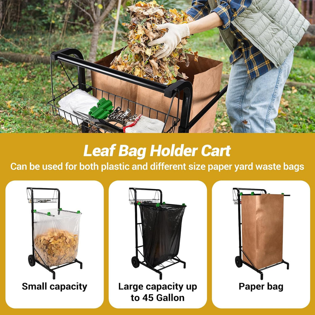 Carrito de bolsa de basura mejorado con cesta de almacenamiento y mango ergonómico, soporte ajustable para bolsas de hojas para exteriores de 30 a 45 galones de capacidad, ideal para limpieza de