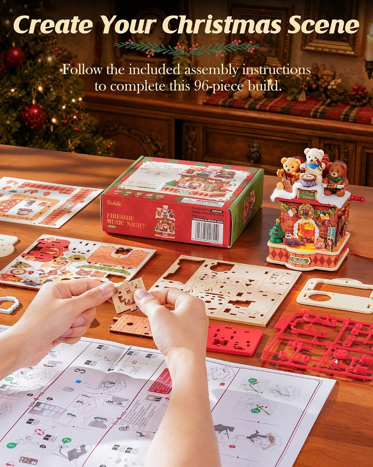 Rolife Kit de casa en miniatura de Navidad, caja de música, decoración de