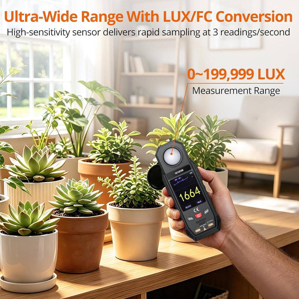 Proster Medidor de lux 2 en 1 y multímetro de rango automático 199999 Lux 600V