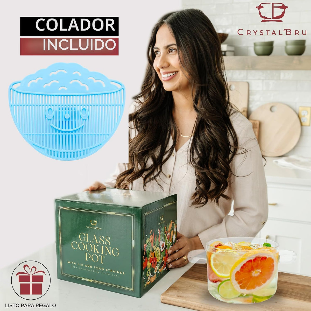 Crystalbru Olla de vidrio transparente de 2 litros con tapa y colador | Olla de vidrio de borosilicato resistente al calor para popurrí | Olla a fuego lento para fragancia del hogar | Ollas de vidrio