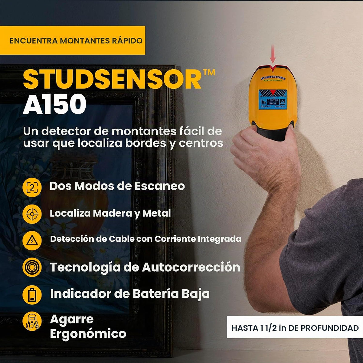 Zircon StudSensor A150 Escáner de Pared y Localizador de Vigas de Centrado/Borde con Detección WireWarning e Indicador de Intensidad de Señal, Búsqueda de Centro