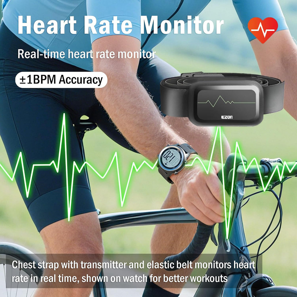 Monitor de frecuencia cardíaca y correa de pecho, monitor de frecuencia cardíaca de ejercicio, reloj deportivo con HRM, impermeable, cronómetro, timbre por hora T007