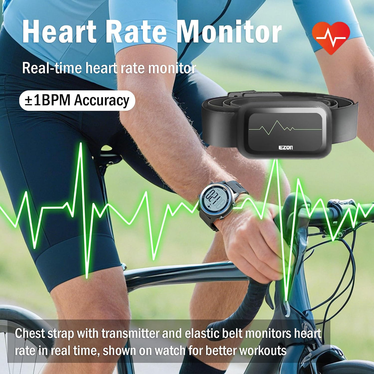 Monitor de frecuencia cardíaca y correa de pecho, monitor de frecuencia cardíaca de ejercicio, reloj deportivo con HRM, impermeable, cronómetro, timbre por hora T007