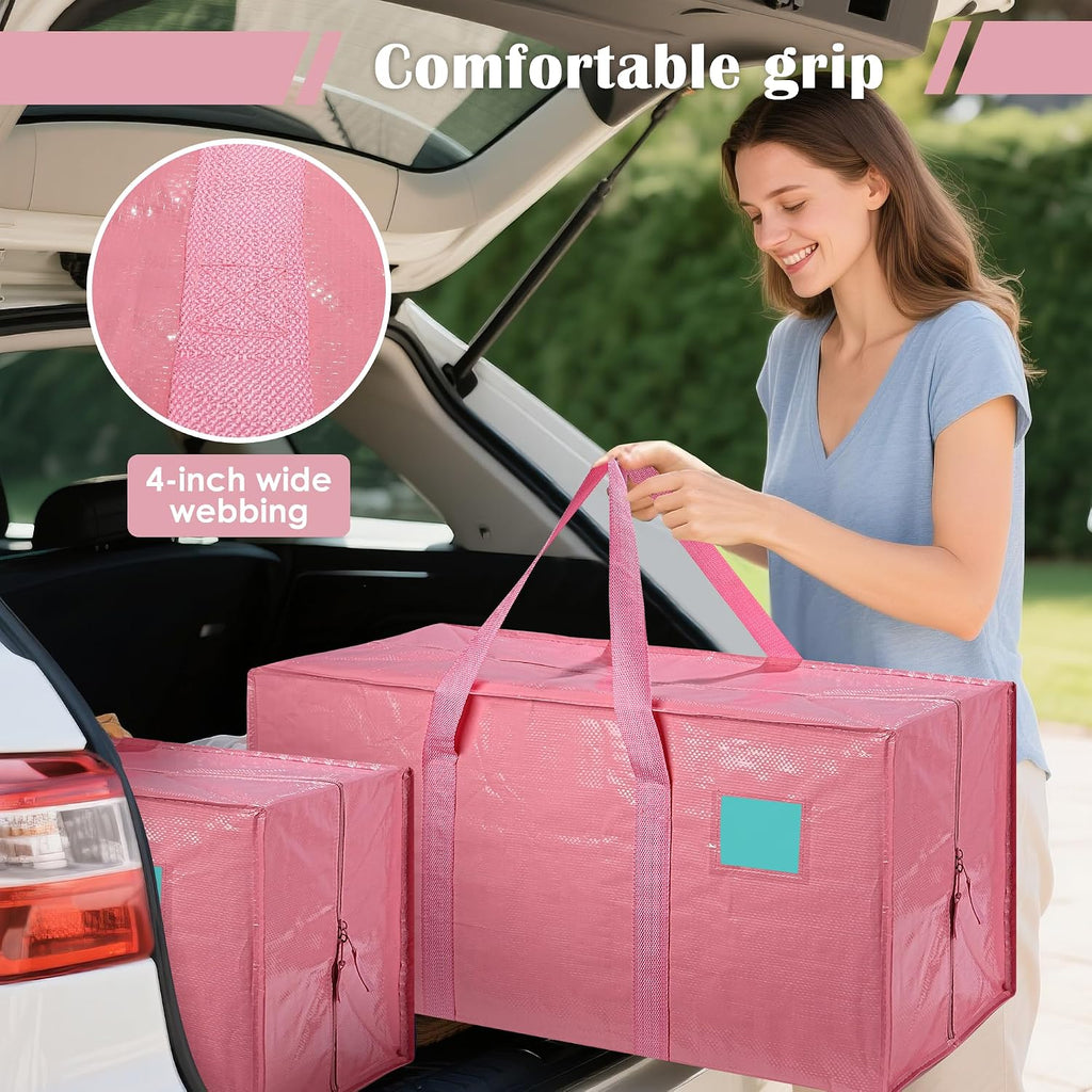 Paquete de 6 bolsas de mudanza con cremallera lateral completamente abierta, extra grandes de 93 L, resistentes al agua, plegables para almacenamiento para dormitorio universitario, mudanza y organización del hogar, color rosa