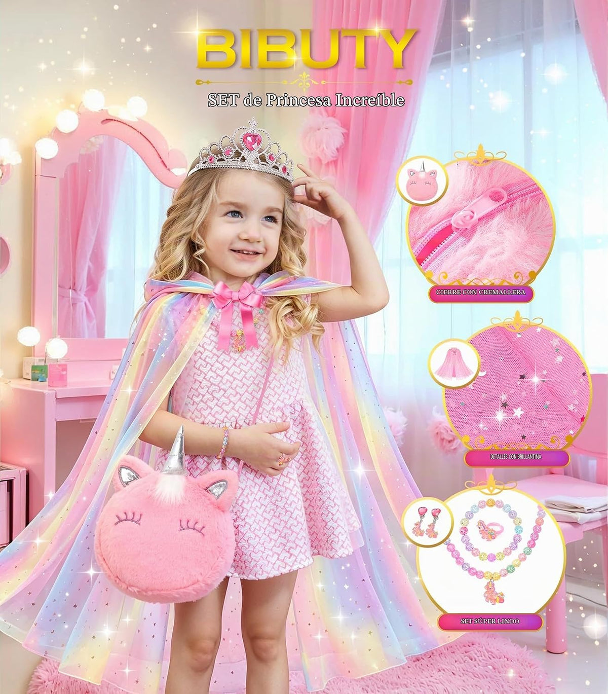 Kit de maquillaje para niñas BIBUTY, juguetes de princesa, maquillaje de juego de simulación, juguetes de maquillaje para niñas, juegos de maquillaje para niñas, set de salón de belleza con accesorios