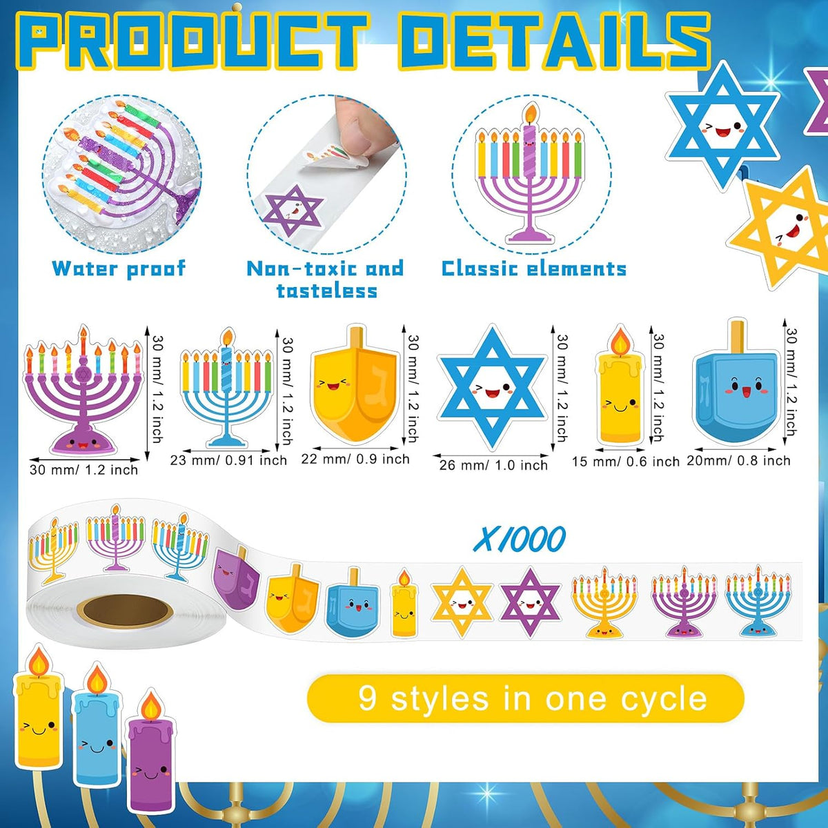 1000 calcomanías de Hanukkah para niños, calcomanías de Hanukkah para niños, calcomanías redondas autoadhesivas para decoraciones temáticas de Hanukkah, suministros de bolsas de regalo, 9