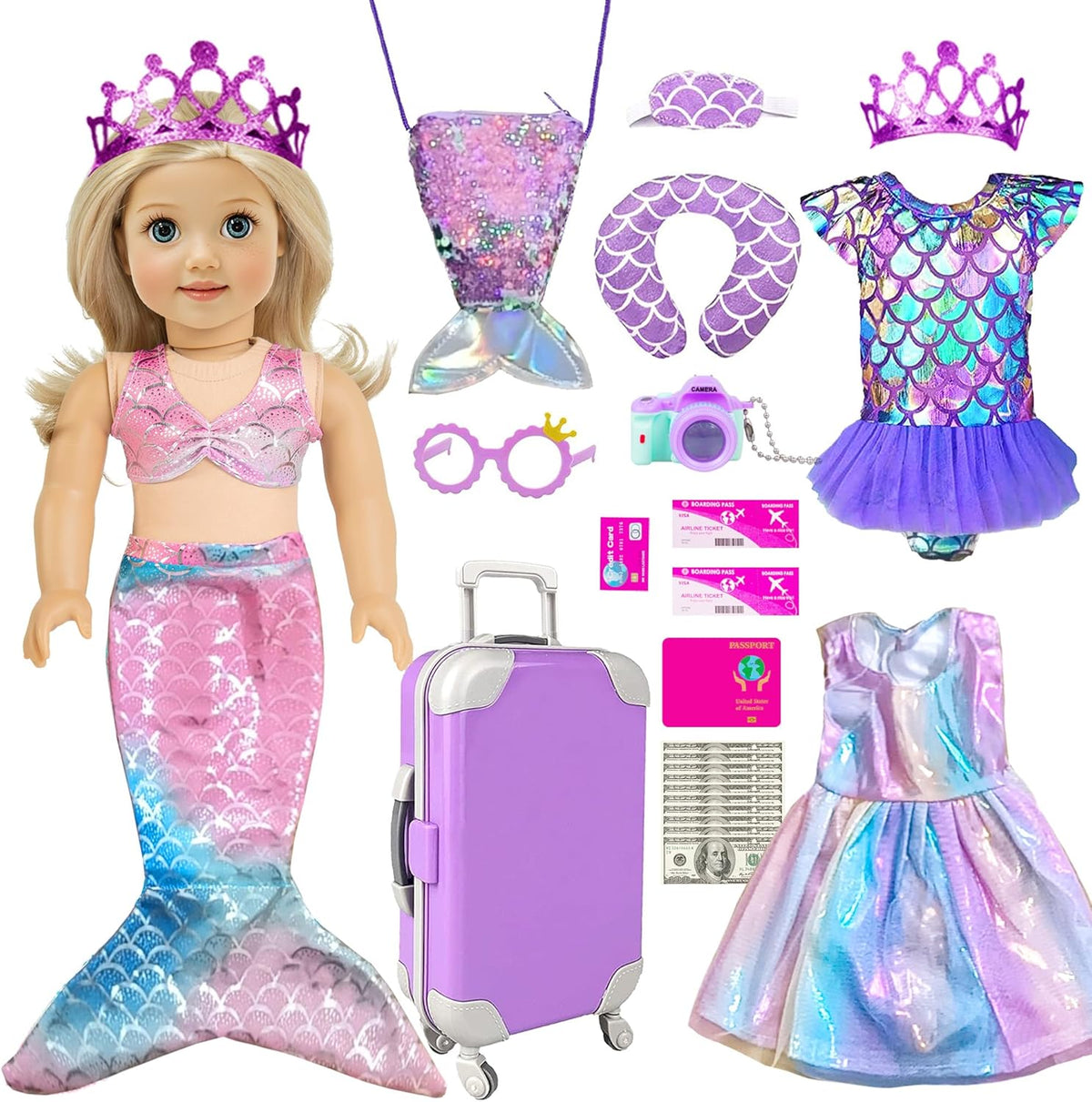 Ropa de muñeca sirena de 18 pulgadas y estuche de accesorios, Juego de viaje de equipaje de sirena