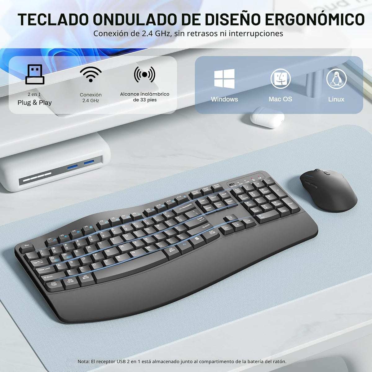 Combo de teclado y mouse inalámbricos, teclas de onda ergonómicas 2.4G, Aguacate Verde-A