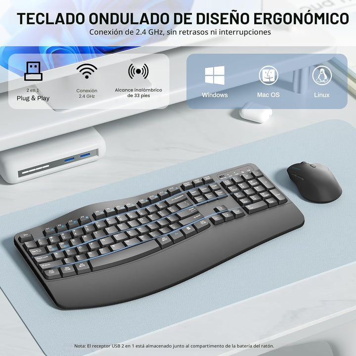 Combo de teclado y mouse inalámbricos, teclas onduladas de tamaño c...