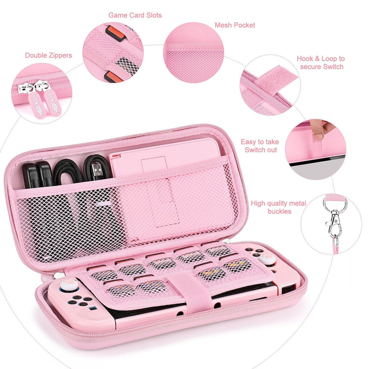 Younik Accesorios Bundle para Switch, Kit de 17 en 1 en Rosa para Niñas, Incluye estuche de transporte para Switch, soporte ajustable, estuche protector para consola Switch y J-Con Rosa