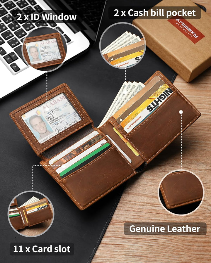 Plinvo Billetera plegable de piel auténtica para hombre con bloqueo...