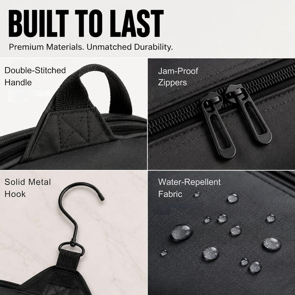 Neceser de viaje para hombres – Kit Dopp grande (10.6 x 10.6 x 3.2 pulgadas) – Bolsa organizadora de higiene impermeable colgante para hombre con gancho giratorio de metal XXL, cremalleras