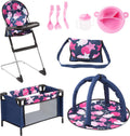 Set de muebles para muñeca Bayer 9 en 1, silla alta y cama de viaje, rosa y azul marino