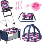 Set de muebles para muñeca Bayer 9 en 1, silla alta y cama de viaje, rosa y azul marino