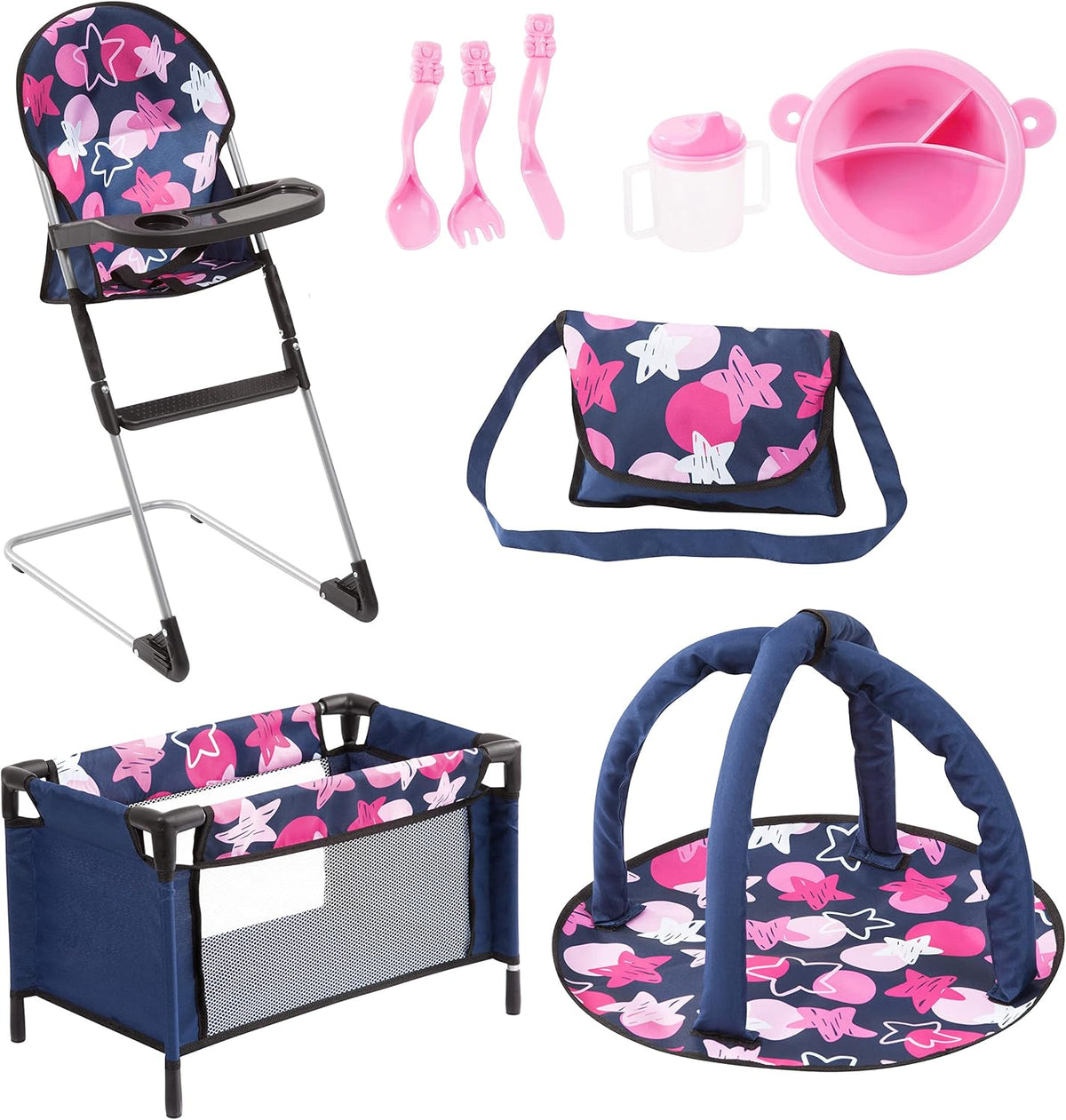 Set de muebles para muñeca Bayer 9 en 1, silla alta y cama de viaje, rosa y azul marino