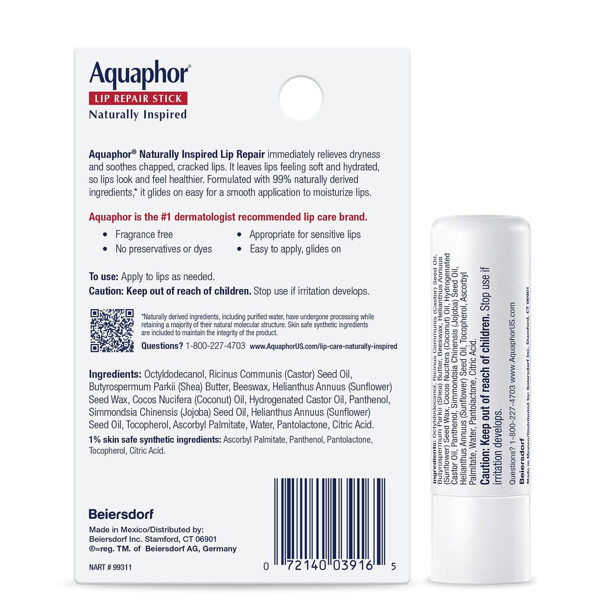 Aquaphor Barra de reparación de labios de inspiración natural con a...