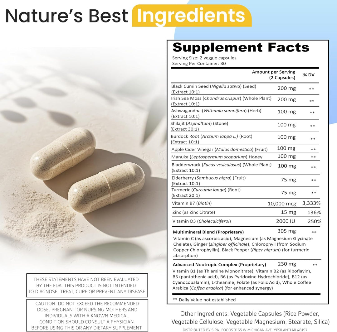 Siraj Multivitamínico orgánico | Aceite de semilla negra, musgo mar...