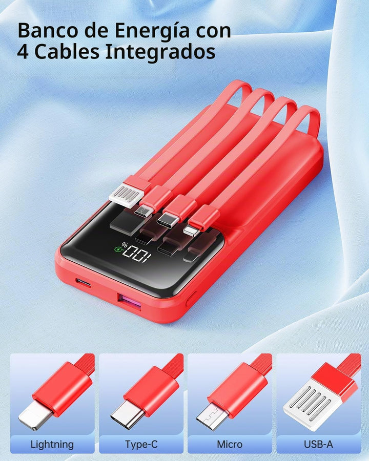 Cargador Portátil con Cable Integrado - Power Bank de 20000mAh USB...