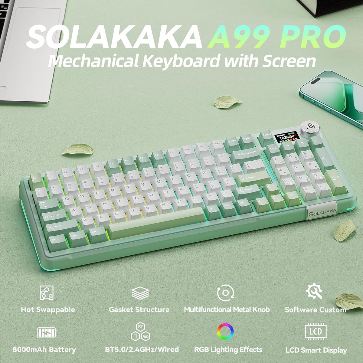 SOLAKAKA Teclado mecánico inalámbrico A99 Pro con BT5.0\/2.4GHz\/US...