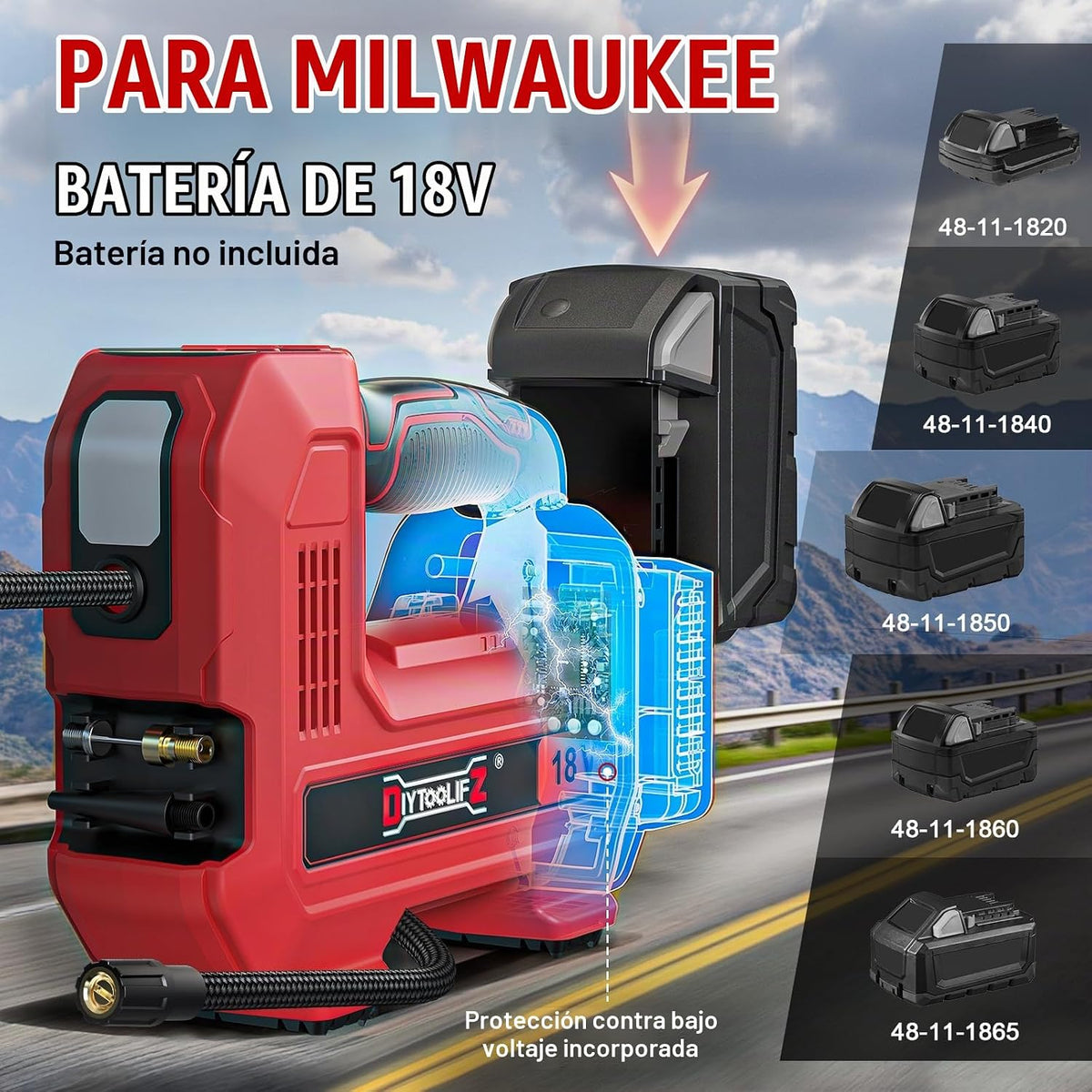 DIYtoolifz Inflador de neumáticos inalámbrico de 160 PSI compatible con compresor de aire Milwaukee de 18 V, bomba de aire portátil de apagado automático, luz LED, medidor de presión digital para automóviles, motocicletas y bicicletas (solo herramienta)
