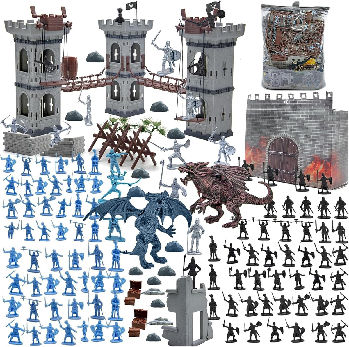 Conjunto de figuras de acción del ejército para hombres, juego de soldados de juguete medieval, castillo medieval, pequeño soldado, juguete militar, juego de plástico para hombres del ejército, juego de construcción de castillo con bolsa de almacenamiento
