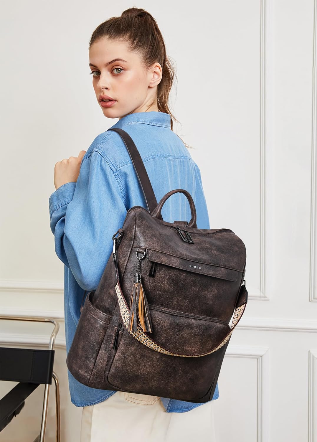Shrrie - Mochila de cuero vegano para laptop de 14 pulgadas para mu...