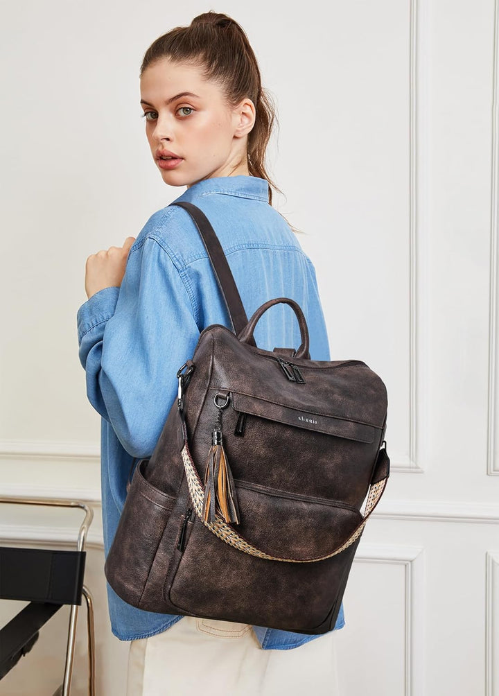 Shrrie - Mochila de cuero vegano para laptop de 14 pulgadas para mu...