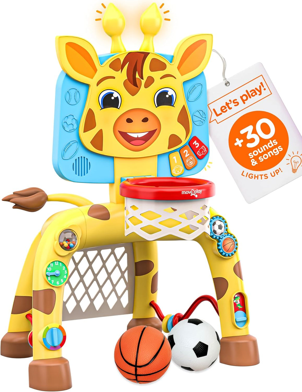 Move2Play, Centro de Actividades Aro de Baloncesto y Portería de Fútbol Jirafa | 30+ Sonidos y Canciones + 5 Luces | Regalo de Cumpleaños para Niños y Niñas de 1, 2, 3 Años | Juguete para Bebés y Niños Pequeños (Amarillo)