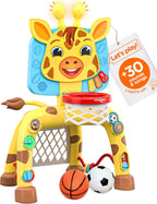 Move2Play, Centro de Actividades Aro de Baloncesto y Portería de Fútbol Jirafa | 30+ Sonidos y Canciones + 5 Luces | Regalo de Cumpleaños para Niños y Niñas de 1, 2, 3 Años | Juguete para Bebés y Niños Pequeños (Amarillo)