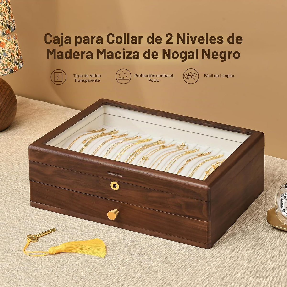 Caja de collar con cerradura de nogal negro, caja organizadora de joyas de