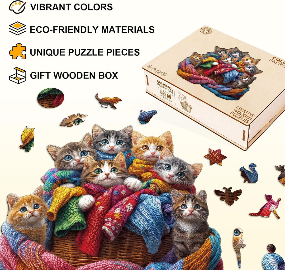 Rompecabezas de madera para adultos, rompecabezas de gato de tela colorida