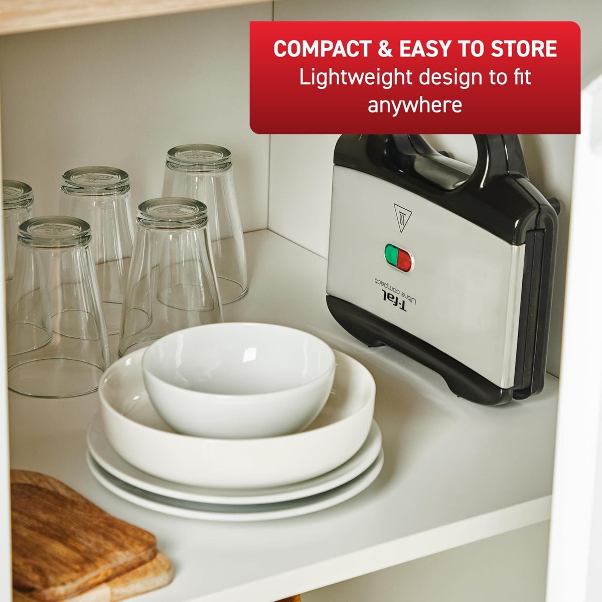 T-fal Sandwichera compacta, acero inoxidable, fácil de limpiar, luces indicadoras, mango de tacto frío, queso a la parrilla, Panini, 625 vatios, negro