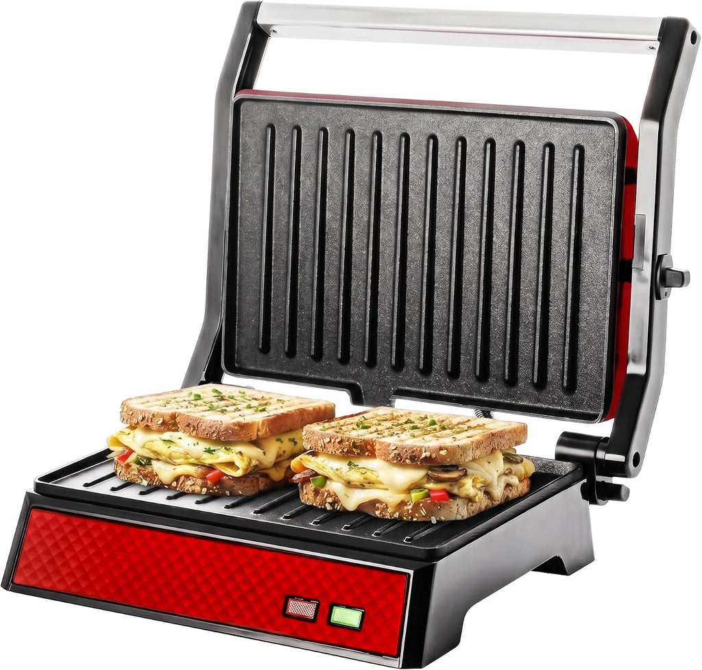 OVENTE Parrilla eléctrica de prensa Panini para interiores + sandwichera, color rojo GP0620R