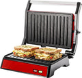 OVENTE Parrilla eléctrica de prensa Panini para interiores + sandwichera, color rojo GP0620R