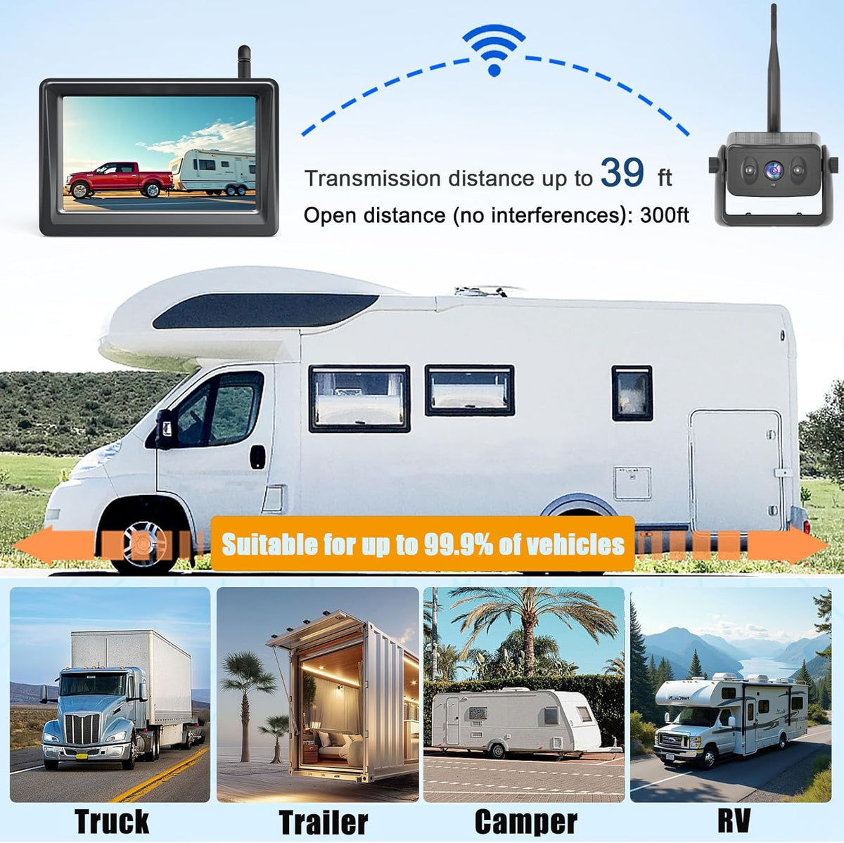 Cámara de respaldo inalámbrica magnética solar para camión con monitor de 5 pies