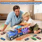 Juguetes para niños de 3, 4, 5, 6, 7, 8 años, camión transportador con sonidos de luces, regalo de cumpleaños de Navidad para niños pequeños, juego de pista de carreras de autos de capa plegable con pista de carreras, 6 autos de juguete de metal