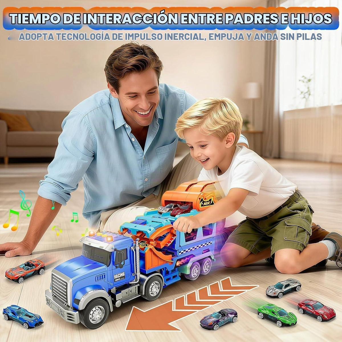Juguetes para niños de 3, 4, 5, 6, 7, 8 años, camión transportador con sonidos de luces, regalo de cumpleaños de Navidad para niños pequeños, juego de pista de carreras de autos de capa plegable con pista de carreras, 6 autos de juguete de metal
