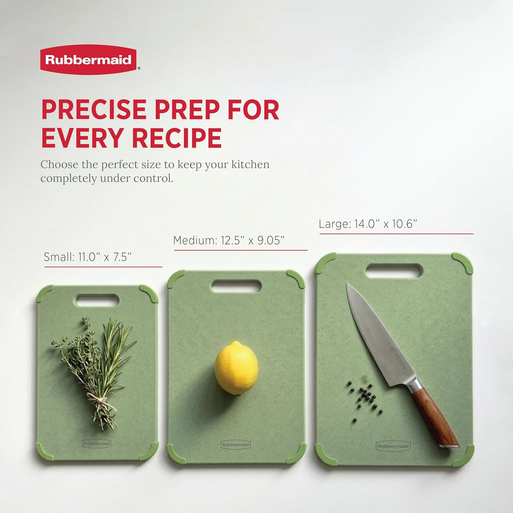 Rubbermaid Juego de 3 tablas de cortar reversibles de fibra de trigo, sin BPA, no tóxicas, aptas para lavavajillas, esquinas antideslizantes y ligeras, para carne, verduras y frutas