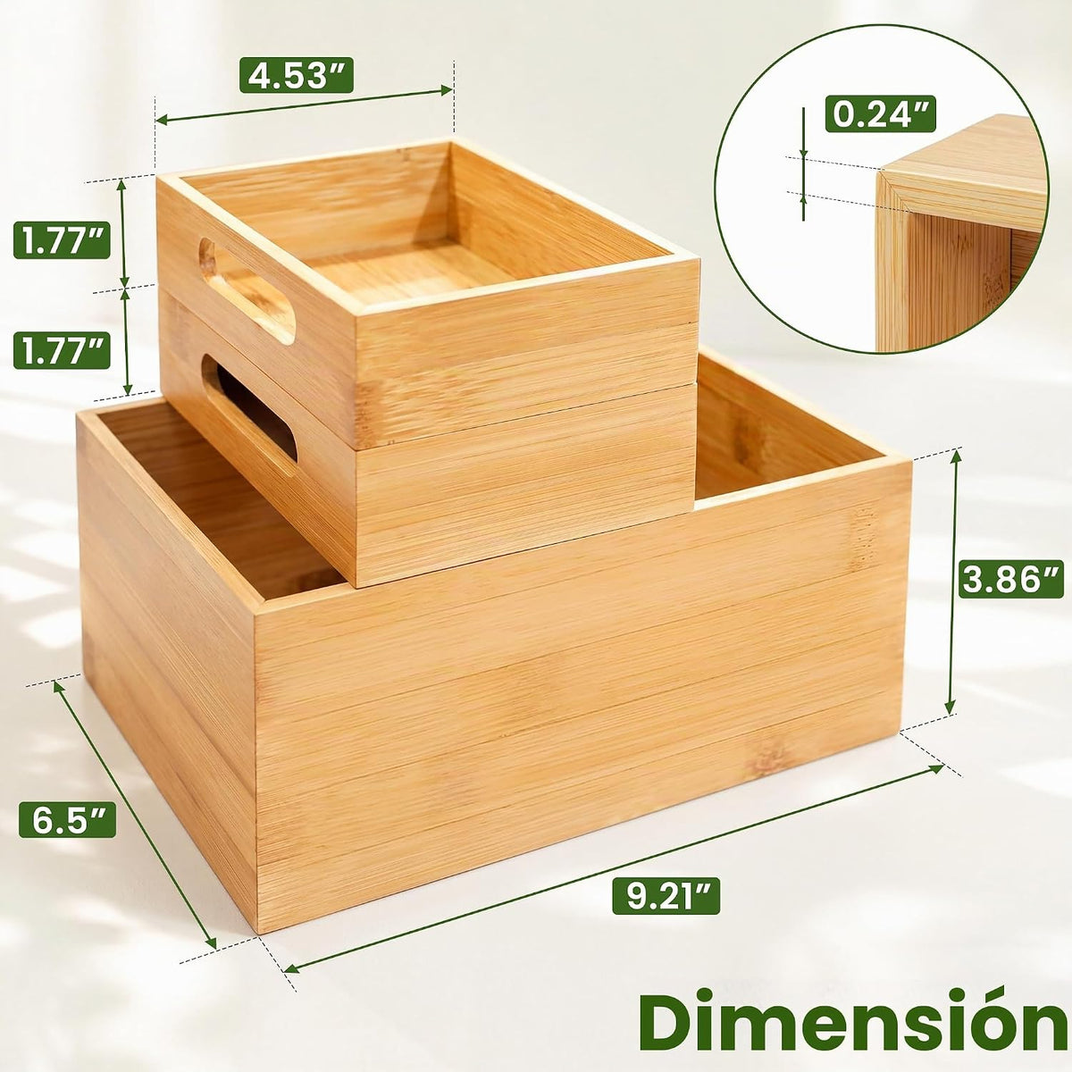 HOMESTEAD - Caja de almacenamiento apilable de bambú de 3 piezas, contenedor de almacenamiento grande, cajas de madera para cajones de maquillaje, baño, suministros de oficina, utensilios de cocina