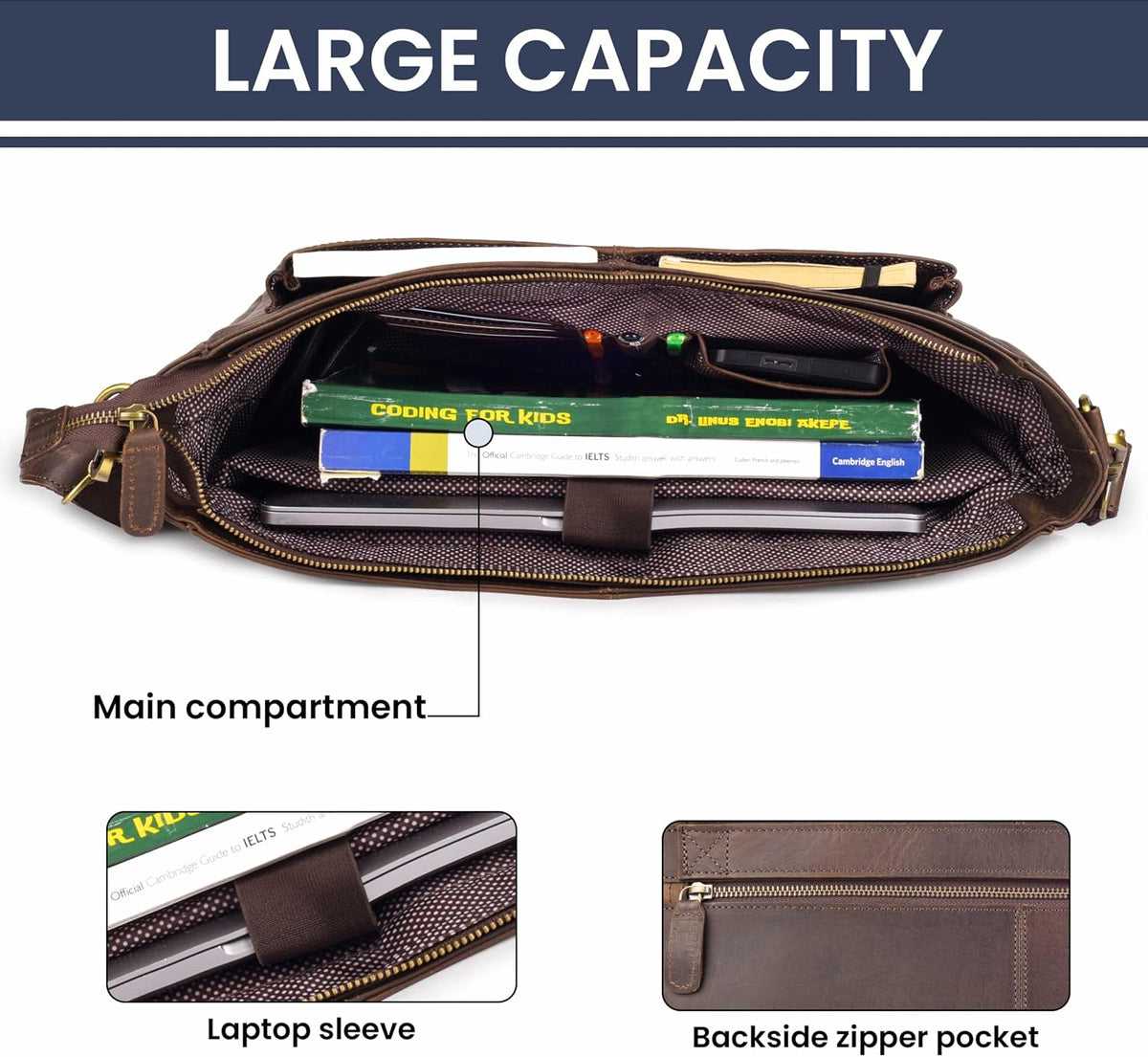LEATHER VILLAGE Bolso Mensajero de Cuero Vintage–Morral Hecho a Mano de 15.5" para Hombres y Mujeres– Bolso de Hombro para Oficina, Viajes y Uso Diario