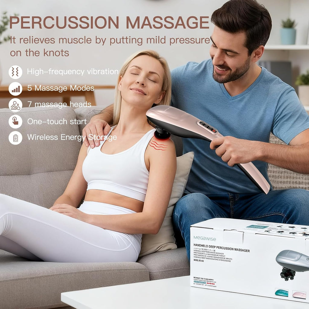 MEGAWISE Masajeador de espalda inalámbrico de mano con batería recargable de 3200 mAh, 5 velocidades y 5 + 2 nodos de masaje con nodos de silicona duros, medios y 2 suaves; masajea mientras te mueves