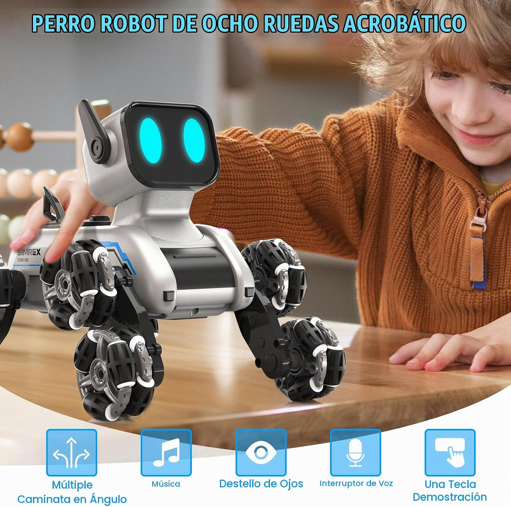 SIMREX Robot Perro RC Coche de Acrobacias Juguetes - Coche de control remoto con detección de gestos con ruedas Mecanum, ojos LED, 3 efectos de sonido, regalo de cumpleaños para niños niños y niñas