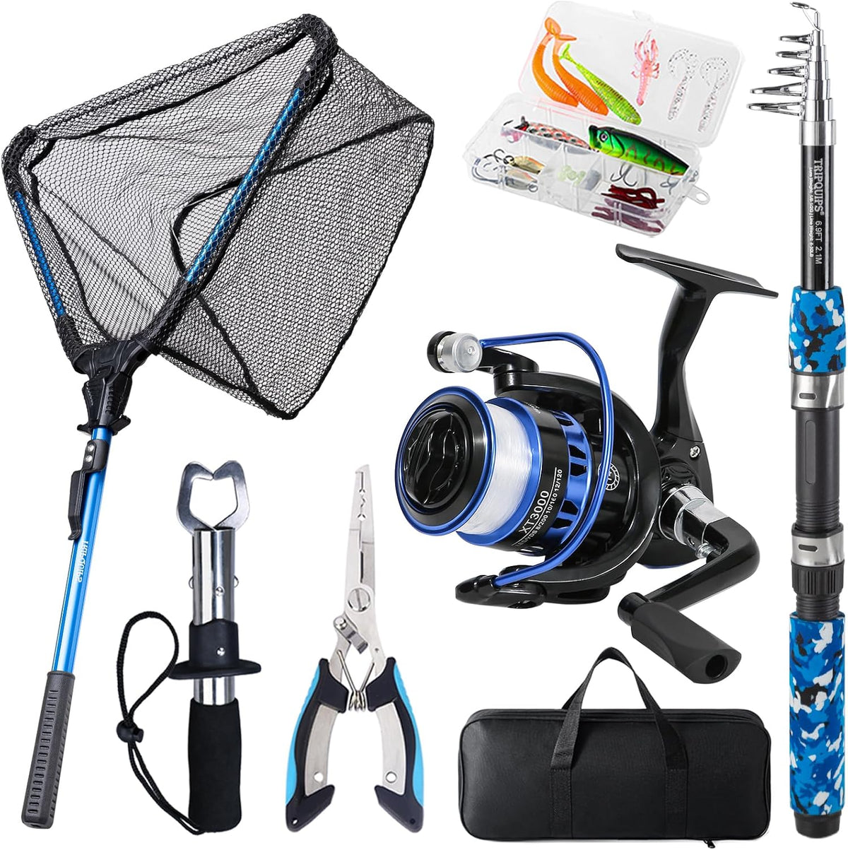 Tripquips Combo de caña de pescar y carrete con red de pesca, kit de caña de pescar telescópica de 6.9 pies con alicates de pesca, agarre de labios, señuelos de pesca, combo de carrete giratorio