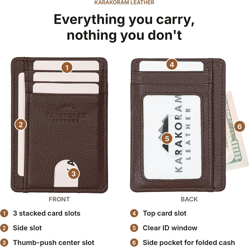KARAKORAM LEATHER Porta Tarjetas de Crédito para Hombres y Mujeres – Cartera Slim para Bolsillo Frontal con Bloqueo RFID, Hecha a Mano en Piel de Vaca de Primera, Capacidad para 8 Tarjetas + Efectivo, Ranuras de Acceso Rápido, Caja de Regalo (Mountain