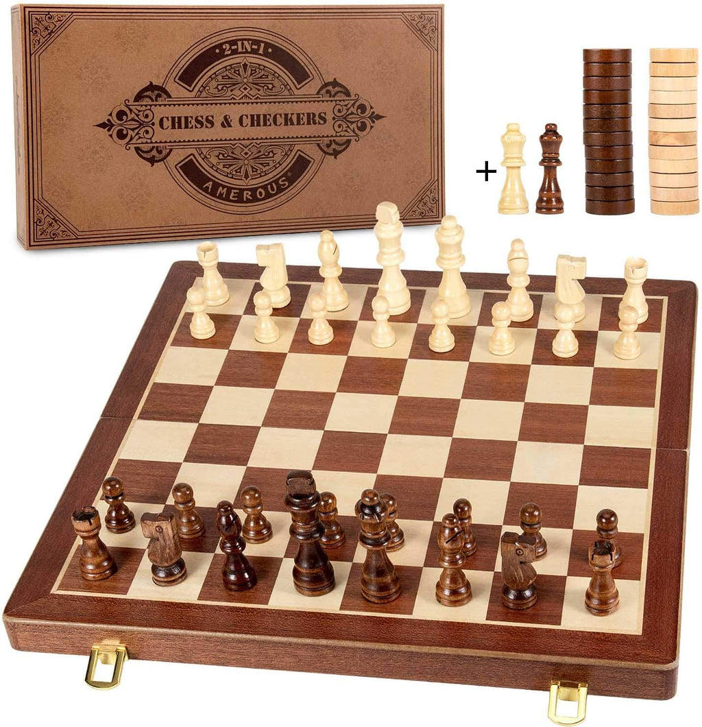 AMEROUS Juego de ajedrez y damas de madera magnética de 15 pulgadas (2 en 1), tablero plegable, caja de regalo, 24 piezas de alegría, 2 reinas adicionales, juego de ajedrez para principiantes para niños y adultos